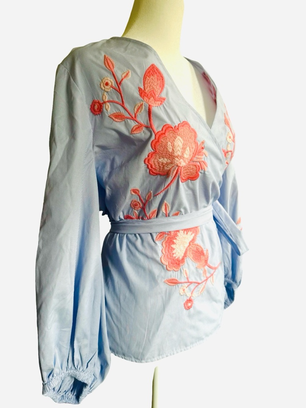 NWT INC Light Blue Wrap Blouse with Coral Floral Embroidery (small)